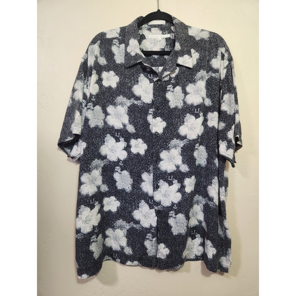 Perry Ellis 100% Silk Floral Button Down Black and White Men's Size XXL